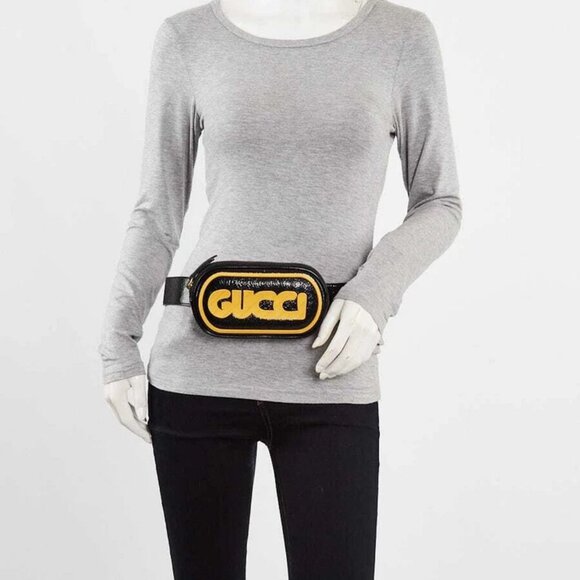 Gucci Black Patent Leather Rubber Game Patch Logo Belt Bag Size 85/34 - Picture 2 of 10